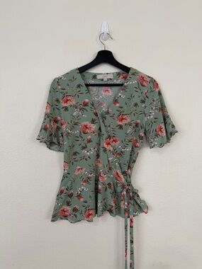 LOFT Sage Green Floral Wrap Blouse